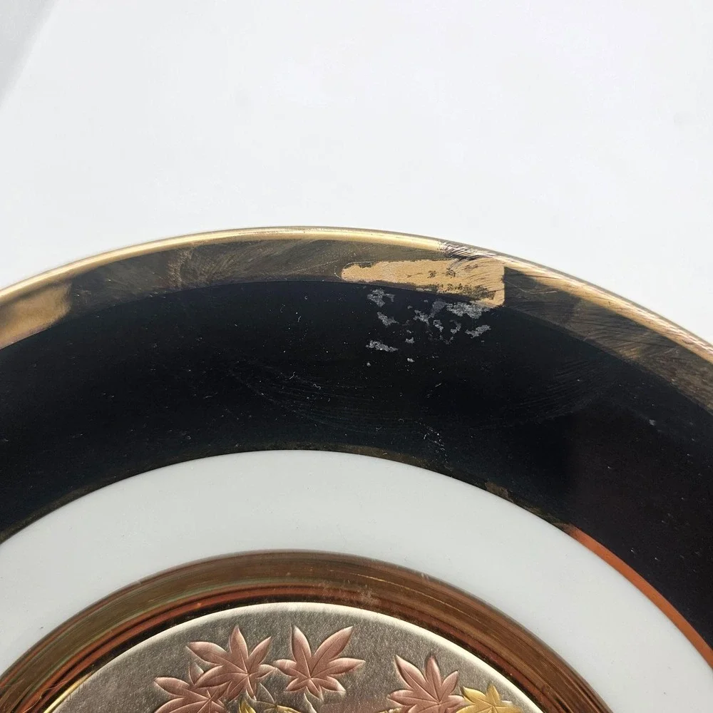 Vintage The Art Of Chokin Bird Leaves Plate Black Rim 24K Gold Edged Japan